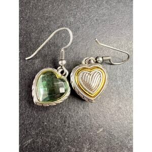Vintage 90s Sterling Silver Green Glass Heart Earrings Gold Accent 925 Dangle